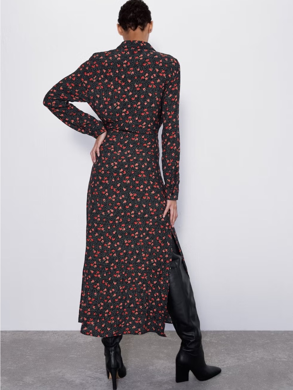 ZARA Floral Button-Down Maxi Dress with Belt – Black & Red Print SIZE XS/S